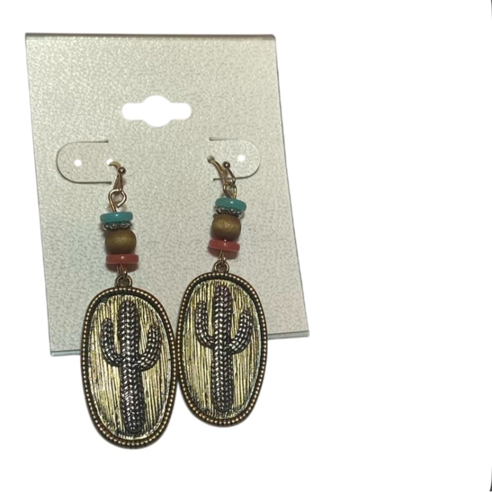 Cactus Dangle Earrings with turquoise & coral colored Beads